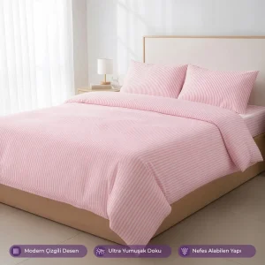 %100 Pamuk Çizgili Nevresim Takımı Pembe- Pera Serisi