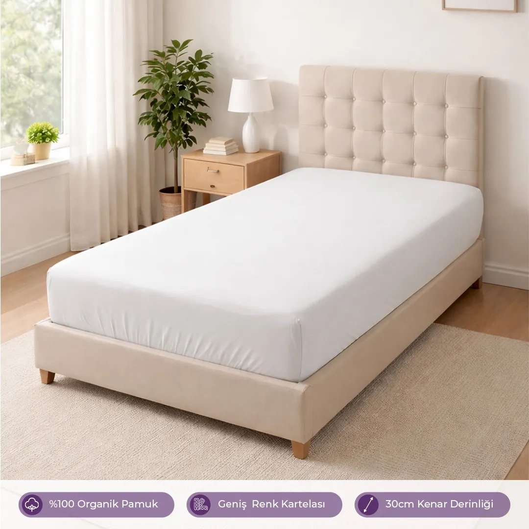 %100 Organik Pamuk Lastikli Çarşaf Beyaz – Dolmabahçe Serisi