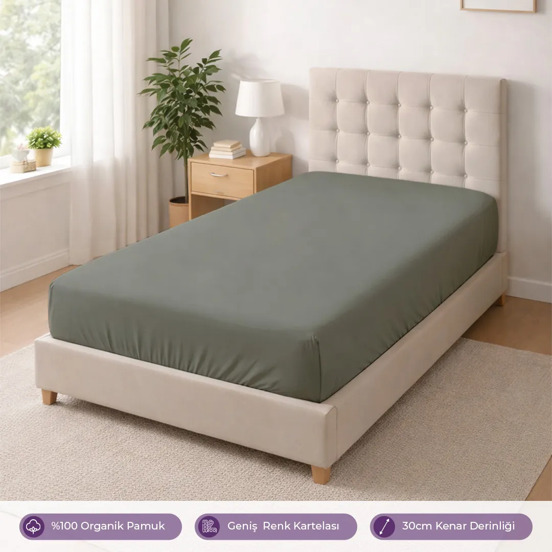 %100 Organik Pamuk Lastikli Çarşaf Haki – Dolmabahçe Serisi