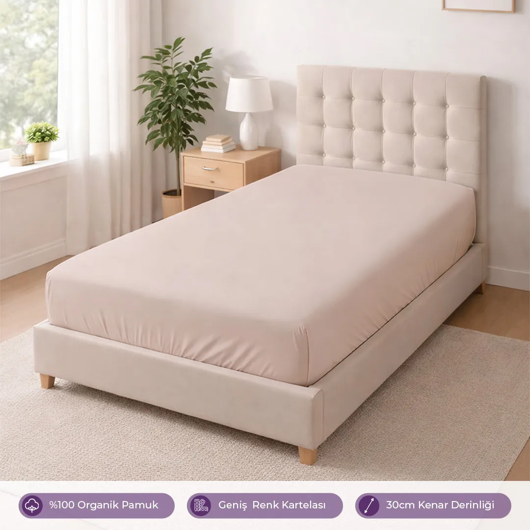 %100 Organik Pamuk Lastikli Çarşaf Pudra – Dolmabahçe Serisi