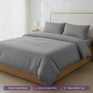 %100 Pamuk Çizgili Nevresim Takımı Siyah – Pera Serisi