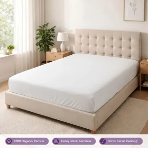 %100 Organik Pamuk Lastikli Çarşaf Beyaz – Dolmabahçe Serisi