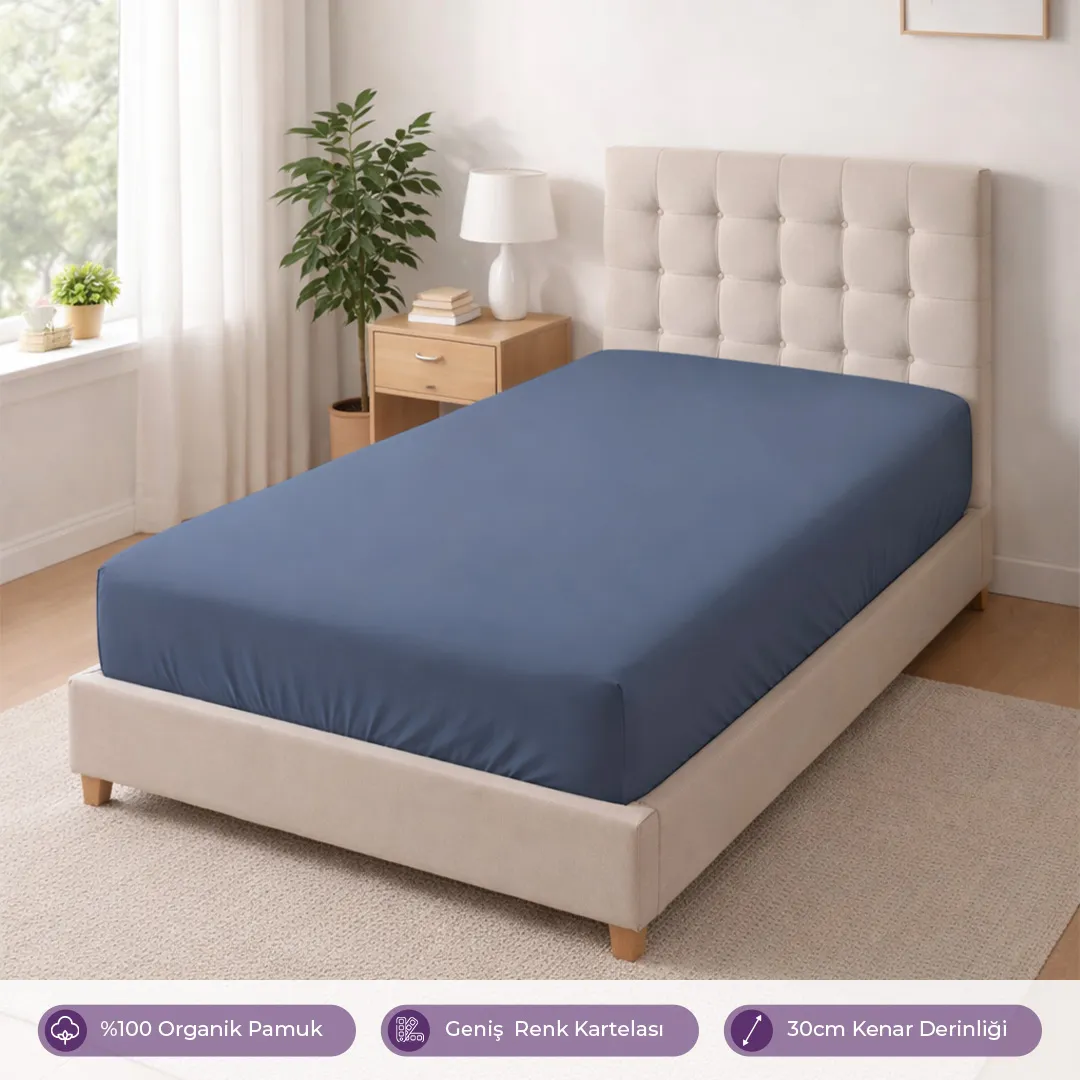 %100 Organik Pamuk Lastikli Çarşaf İndigo – Dolmabahçe Serisi